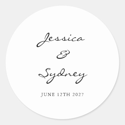 Minimalist Black and White Script Wedding Custom Classic Round Sticker