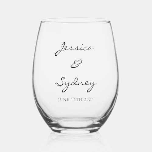 Minimalist Black and White Script Wedding Custom Stemless Wine Glass