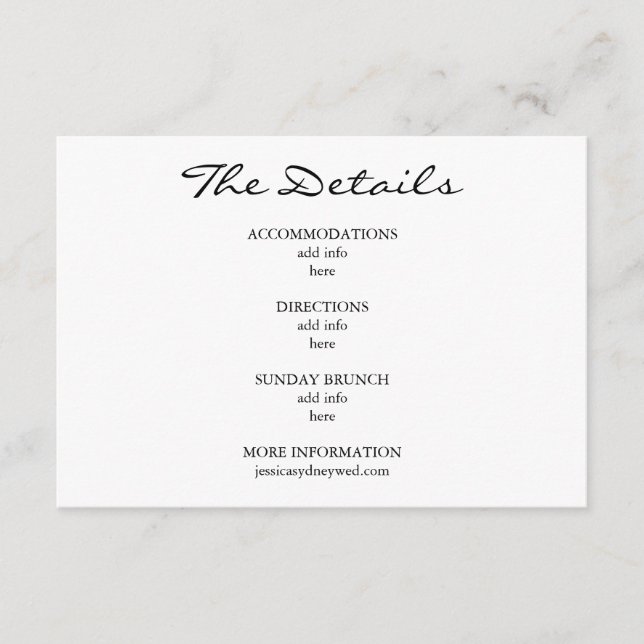 Minimalist Black and White Script Wedding Details Enclosure Card (Front)