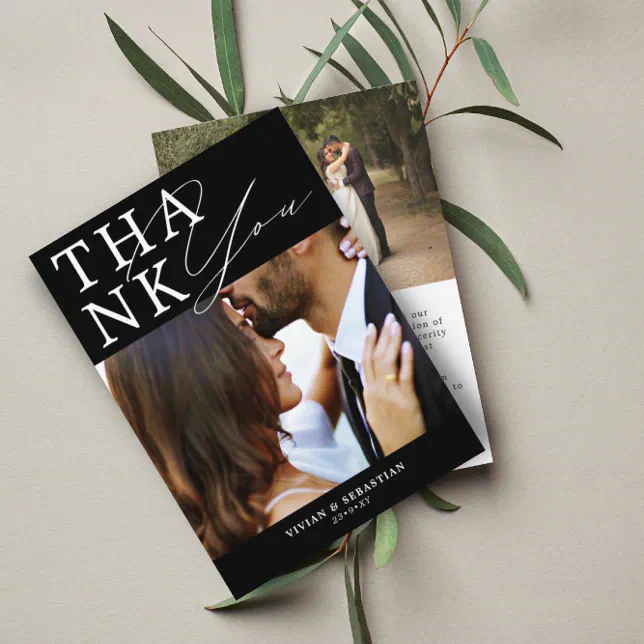 Minimalist Black and White Script Wedding Thank You Card | Zazzle