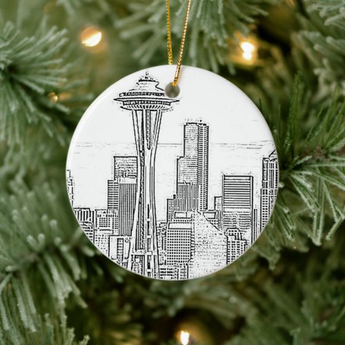 Minimalist Black and White Seattle Skyline Ceramic Ornament