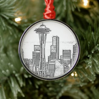 Minimalist Black and White Seattle Skyline Ceramic Ornament