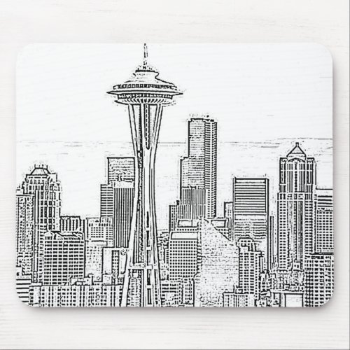 Minimalist Black and White Seattle Skyline Mouse Pad
