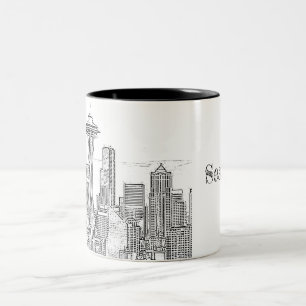 Minimalist Black and White Seattle Skyline Two-Tone Coffee Mug