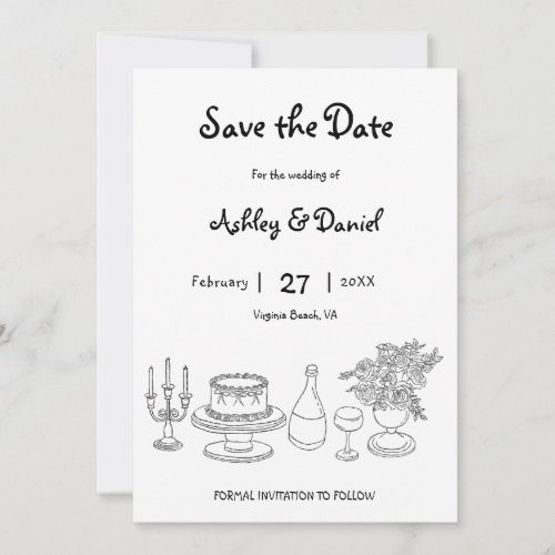 Minimalist Black and White Simple Doodle Wedding Save The Date