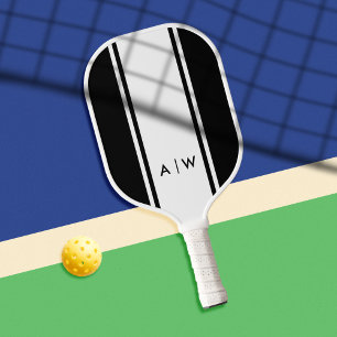 Minimalist Black and White Stripe Modern Monogram Pickleball Paddle