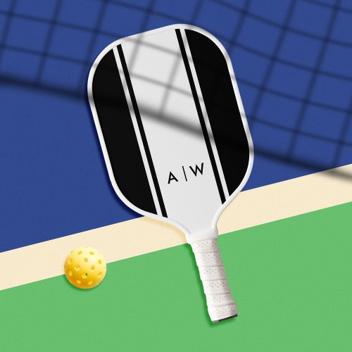 Minimalist Black and White Stripe Modern Monogram Pickleball Paddle