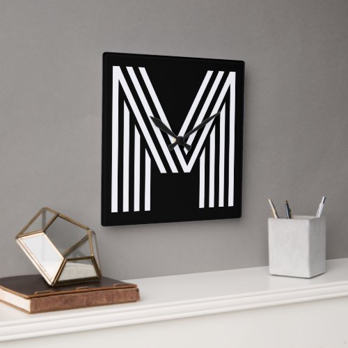 Minimalist Black and White Stripes Monogram Square Wall Clock