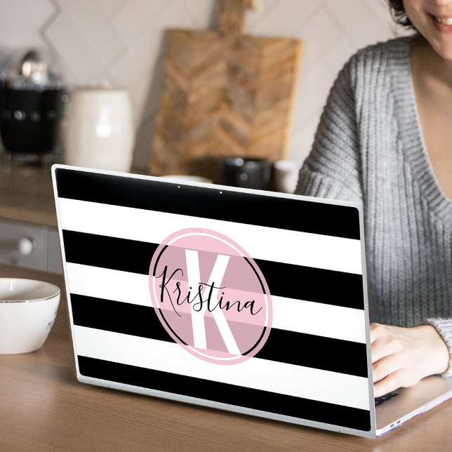 Minimalist Black and White Stripes Pink Monogram HP Laptop Skin (Creator Uploaded)