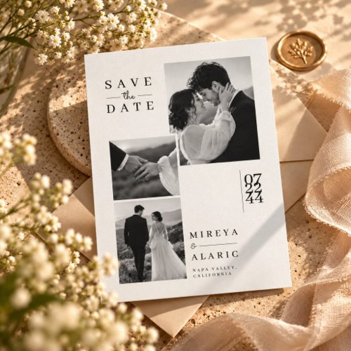 Minimalist Black and White Three Photo Wedding Save The Date