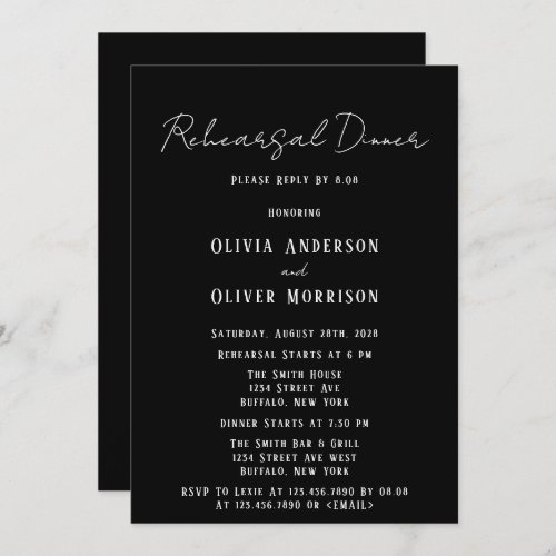 Minimalist Black and White Tie Rehearsal Dinner In Invitation