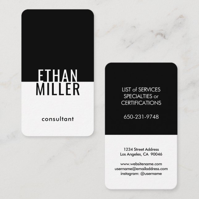 Minimalist Black and White Unique Modern Vertical Business Card (Front/Back)