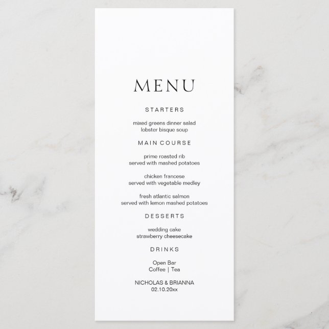 Minimalist Black and White Wedding  Menu (Front)