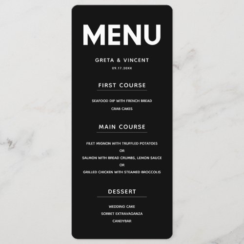 Minimalist Black and white wedding menu card