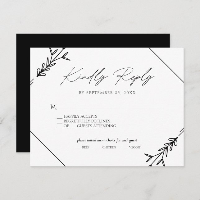 Minimalist Black and White Wedding Menu Choice RSV (Front/Back)