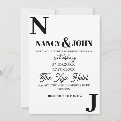 Minimalist Black and White Wedding Monogram Custom Invitation