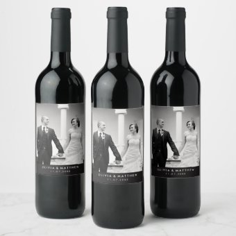 Minimalist Black and White Wedding Photo Wine Label | Zazzle