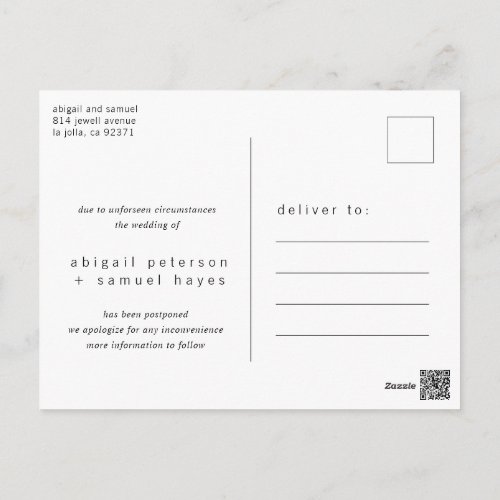 Minimalist Black and White Wedding Postponement Postcard