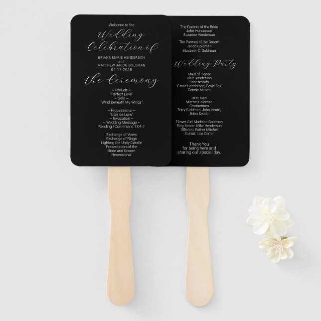 Minimalist Black and White Wedding Program Hand Fan (Front and Back)