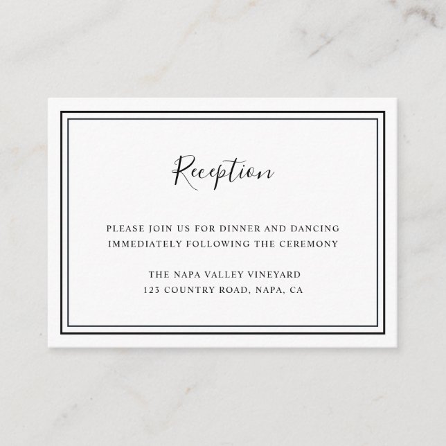 Minimalist Black and White Wedding Reception Enclosure Card (Front)