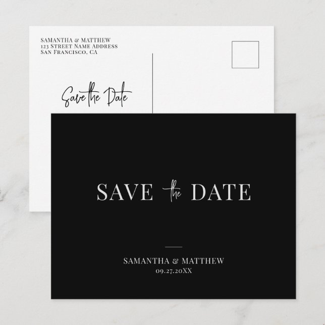 Minimalist Black and White Wedding Save The Date Announcement Postcard (Front/Back)