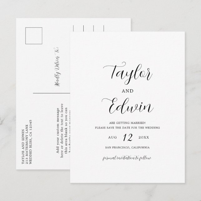 Minimalist Black and White Wedding Save the Date Announcement Postcard (Front/Back)