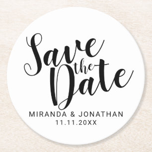 Minimalist Black and White Wedding Save the Date Round Paper Coaster