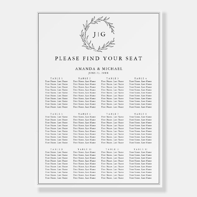 Minimalist Black and White Wedding Seating Chart Foam Board (Front)