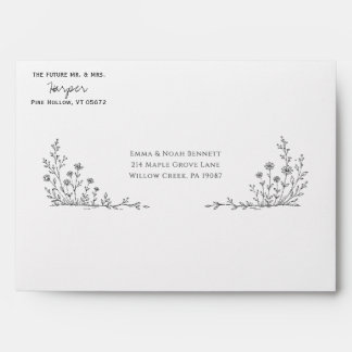 Minimalist Black and White Wildflowers Line Art Envelope