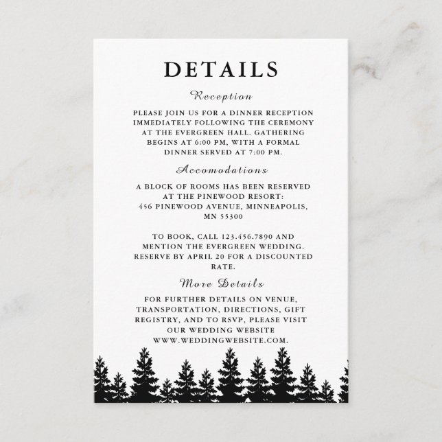 Minimalist Black and White Winter Wedding Details Enclosure Card (Front)