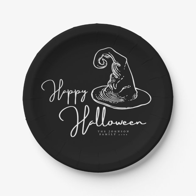 Minimalist Black And White Witches Hat Paper Plates (Front)