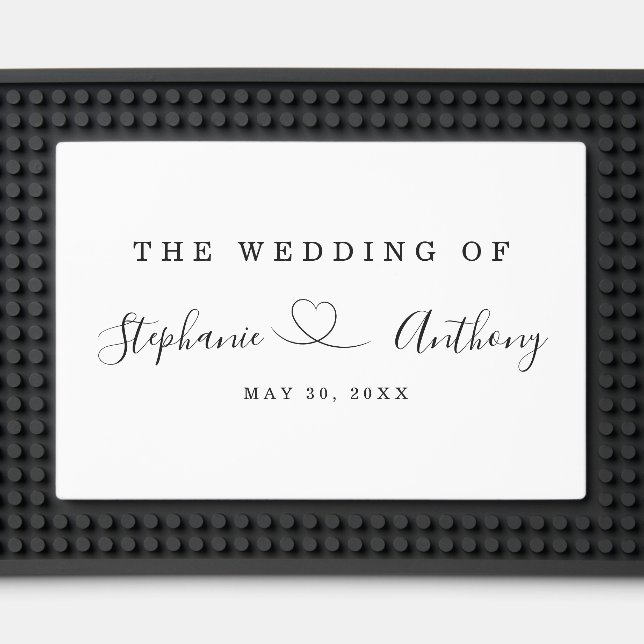 Minimalist Black and White With a Heart Wedding    Bar Mat (Front (Close Up))