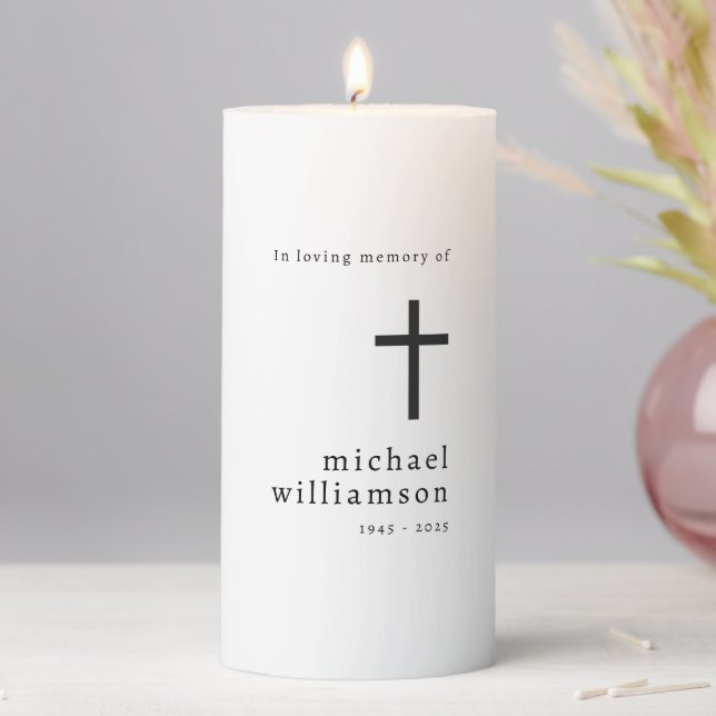 Minimalist Black and White with cross Memorial Pillar Candle (In Situ)