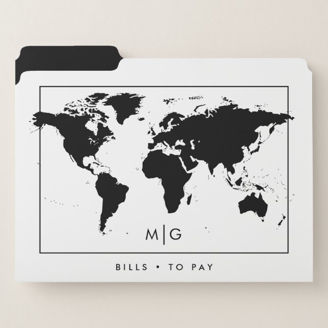 Minimalist Black and White World Map File Folder (Front Left)