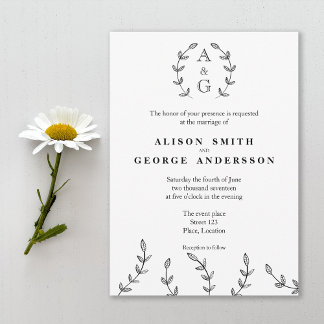 Minimalist Black And White Wreath Monogram Wedding Invitation