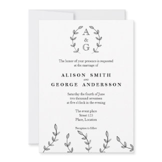Minimalist Black And White Wreath Monogram Wedding Invitation