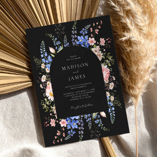 Minimalist Black Boho Wildflower Floral Wedding Invitation