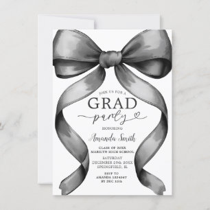 Minimalist Black Bow Graduation Party Ribbon Invitation