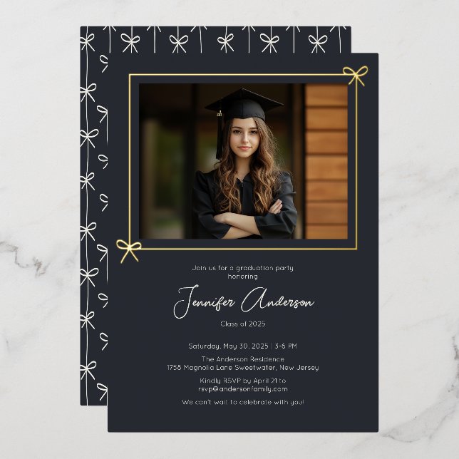 Minimalist Black Bow Photo Graduation Party Foil Invitation (Front/Back)