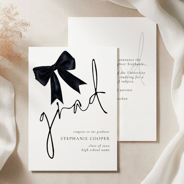 Minimalist Black Bow Script Grad Graduation  Announcement (Front and back view)
