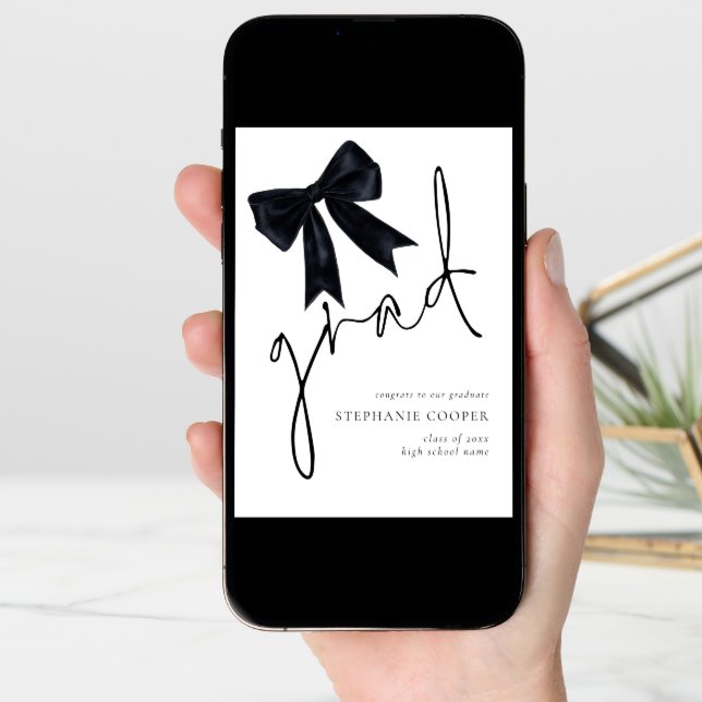 Minimalist Black Bow Script Grad Graduation  Announcement (Front Digital)