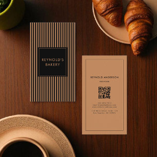 Minimalist Black Brown Stripes QR Code Bakery Business Card