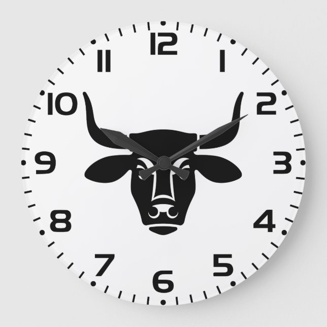 Minimalist Black Bull Head Ox Silhouette Large Clock (Front)