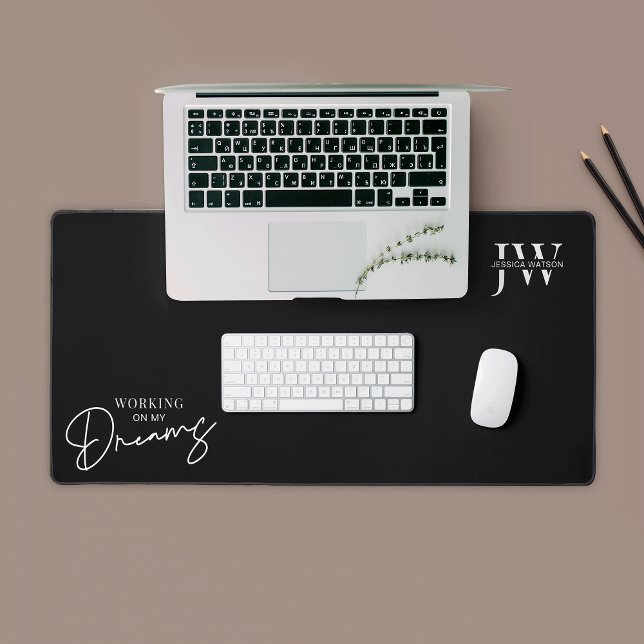 Minimalist Black Business Logo Monogram Quote Desk Mat (Modern stylish branded desk mat in black and white with space for your logo or name)