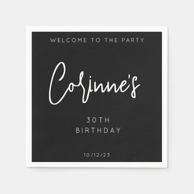 Minimalist Black Calligraphic 30th Birthday Party Napkins (Front)