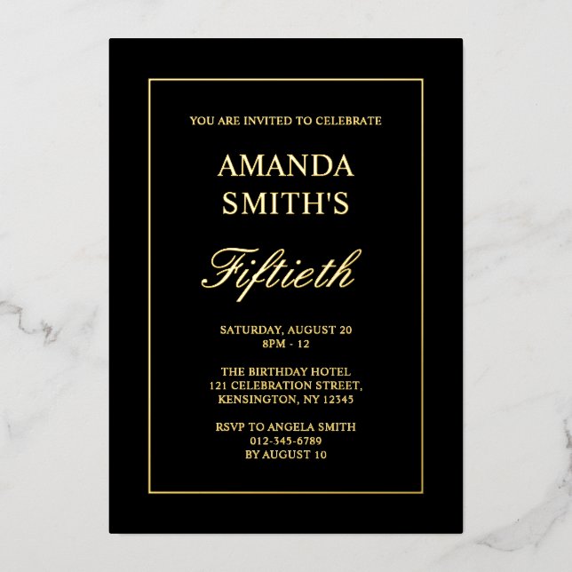 Minimalist Black Calligraphy Script 50th Birthday Foil Invitation (Front)