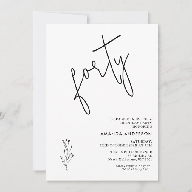 Minimalist Black Calligraphy Text 40th Birthday Invitation (Front)