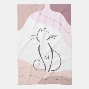 Minimalist Black Cat Boho Organic Shapes Monogram Kitchen Towel
