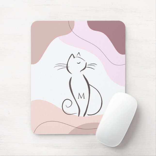 Minimalist Black Cat Boho Organic Shapes Monogram Mouse Pad (With Mouse)