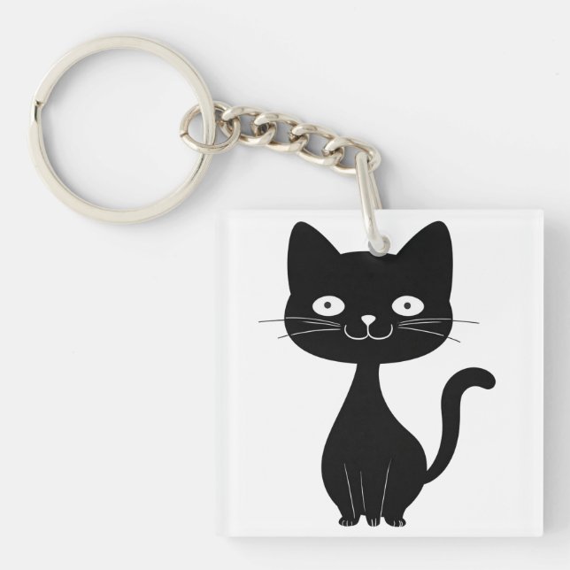 Minimalist Black Cat Cartoon Funny Cat Illustratio Keychain (Front)